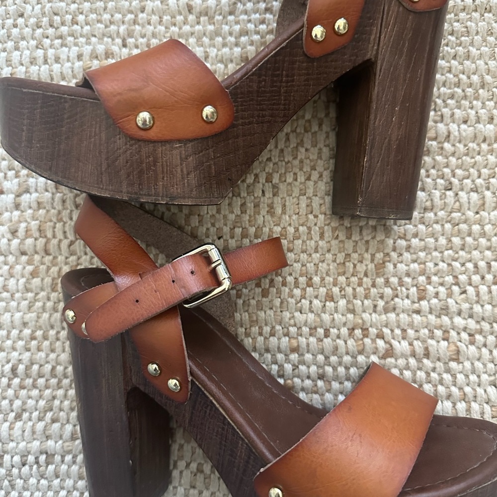 Aldo Tan Brown Leather Platform Block Heel Sandals - Picture 3 of 4